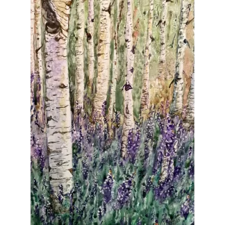 An impressionistic painting of a grove of white Aspen trees engulfed in purple Hollyhock flowers (look similar to lavender).