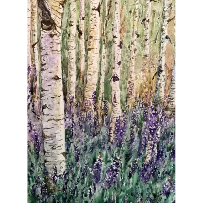 An impressionistic painting of a grove of white Aspen trees engulfed in purple Hollyhock flowers (look similar to lavender).