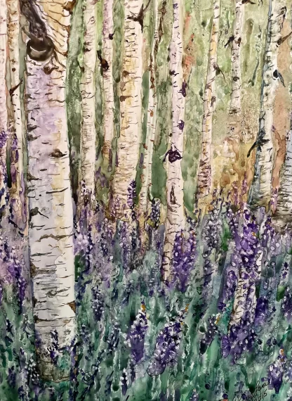 An impressionistic painting of a grove of white Aspen trees engulfed in purple Hollyhock flowers (look similar to lavender).