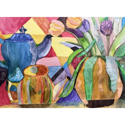 A cubist painting of tea pots, a vase of purple and yellow-orange flowers (similar to tulips), on a background of multi-colored geometric shapes.