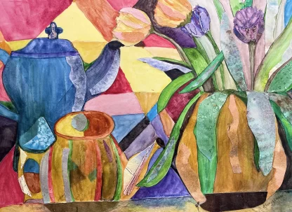 A cubist painting of tea pots, a vase of purple and yellow-orange flowers (similar to tulips), on a background of multi-colored geometric shapes.