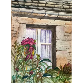 An impressionistic painting of a portion of an old stone cottage, reminiscent of the French countryside, with a curtained, 6-paned window. Pretty purple flowers and leafy greenery surround the bottom half of the window.