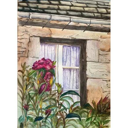 An impressionistic painting of a portion of an old stone cottage, reminiscent of the French countryside, with a curtained, 6-paned window. Pretty purple flowers and leafy greenery surround the bottom half of the window.