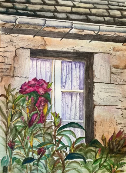 An impressionistic painting of a portion of an old stone cottage, reminiscent of the French countryside, with a curtained, 6-paned window. Pretty purple flowers and leafy greenery surround the bottom half of the window.