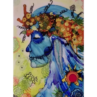 A pop art painting of a skeletal face in profile and in shades of blue, wearing a wreath of autumnal flowers over a veil, also in shades of blue, that flows down the back of her neck. In the background are what looks like a breath and paper flowers in greens, pinks, and yellows.