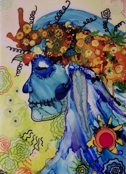 A pop art painting of a skeletal face in profile and in shades of blue, wearing a wreath of autumnal flowers over a veil, also in shades of blue, that flows down the back of her neck. In the background are what looks like a breath and paper flowers in greens, pinks, and yellows.