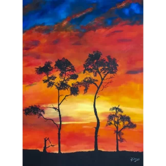 An impressionist painting of tall, skinny trees, leafy at the tops, giving a feeling of Africa, with a magnificent fiery orange and yellow sunset lighting up the darkening blue night sky in the background.