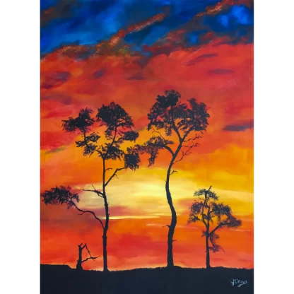 An impressionist painting of tall, skinny trees, leafy at the tops, giving a feeling of Africa, with a magnificent fiery orange and yellow sunset lighting up the darkening blue night sky in the background.