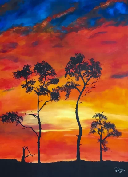 An impressionist painting of tall, skinny trees, leafy at the tops, giving a feeling of Africa, with a magnificent fiery orange and yellow sunset lighting up the darkening blue night sky in the background.