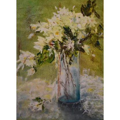 An impressionist painting of yellow and white flowers, mixed with some green leafery, in a tall, straight, medium-sized clear glass vase, sitting on what gives an impression of a table, with a soft, dreamy green in the background.