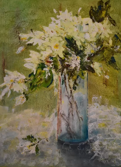 An impressionist painting of yellow and white flowers, mixed with some green leafery, in a tall, straight, medium-sized clear glass vase, sitting on what gives an impression of a table, with a soft, dreamy green in the background.