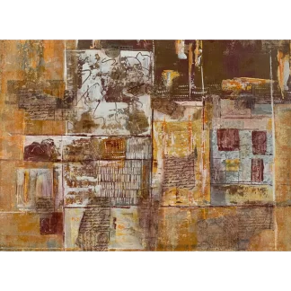 An abstract painting of love letters and postage in shades of browns, rusts, golds, and creams.