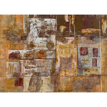 An abstract painting of love letters and postage in shades of browns, rusts, golds, and creams.