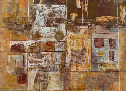 An abstract painting of love letters and postage in shades of browns, rusts, golds, and creams.