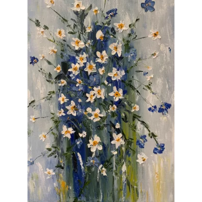 An impressionist painting of white flowers with yellow centers that give one the impression of being mixed with blue flowers and greenery on a soft blue-gray background.