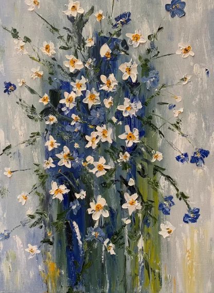 An impressionist painting of white flowers with yellow centers that give one the impression of being mixed with blue flowers and greenery on a soft blue-gray background.