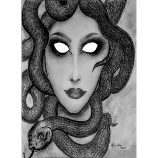 A charcoal drawing of the mythological Medusa; blank white eyes looking out from a beautiful oval-shaped face, her head encompassed by snakes down to her neck.