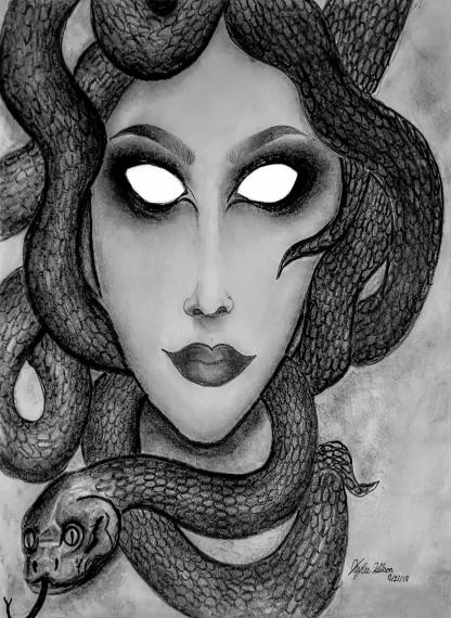 A charcoal drawing of the mythological Medusa; blank white eyes looking out from a beautiful oval-shaped face, her head encompassed by snakes down to her neck.