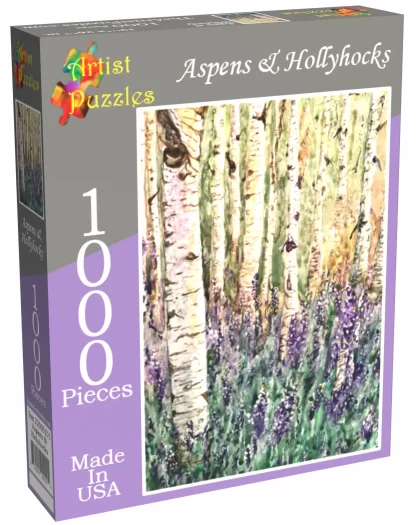 Box front of Artist Puzzles 1000pc jigsaw puzzle, Aspens & Hollyhocks.