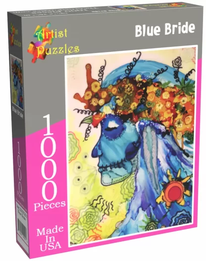 Box front of Artist Puzzles 1000pc jigsaw puzzle, Blue Bride.