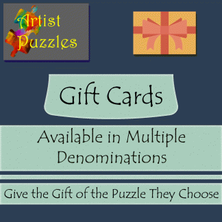 Artist Puzzles digital gift card image w/logo & gift box, announcing it's available in multiple denominations, and suggesting that you "Give the Gift of the Puzzle They Choose".