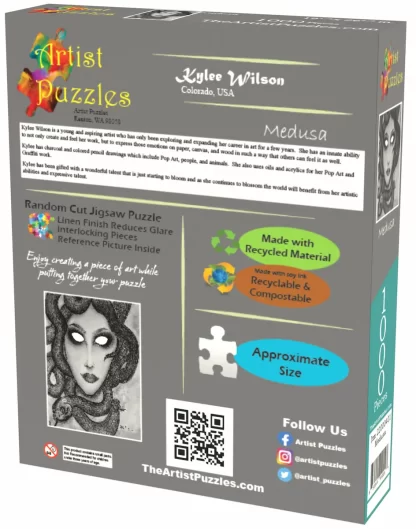 Box back of Artist Puzzles Medusa jigsaw puzzle. A picture of and bio info about the artist – Kylee Wilson, a small pic of the puzzle, a pic of a puzzle piece showing the actual size of the pieces, social media links, and a QR code.