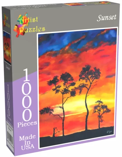 Box front of Artist Puzzles 1000pc jigsaw puzzle, Sunset.