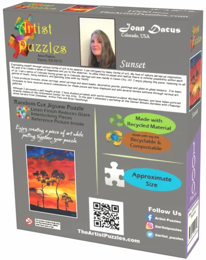 Box back of Artist Puzzles Sunset jigsaw puzzle. A picture of and bio info about the artist – Joan Dacus, a small pic of the puzzle, a pic of a puzzle piece showing the actual size of the pieces, social media links, and a QR code.