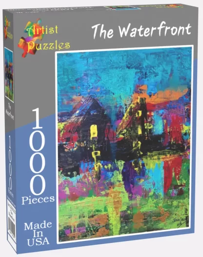 Box front of Artist Puzzles 1000pc jigsaw puzzle, The Waterfront.