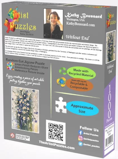 Box back of Artist Puzzles Without End jigsaw puzzle. A picture of and bio info about the artist – Kathy Boussard, a small pic of the puzzle, a pic of a puzzle piece showing the actual size of the pieces, social media links, and a QR code.