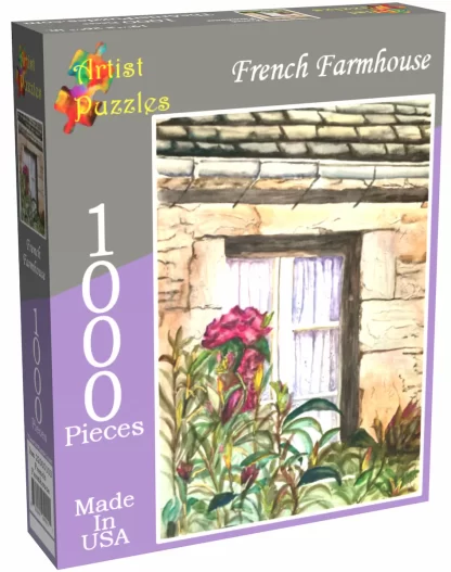 Box front of Artist Puzzles' 1000pc jigsaw puzzle - French Farmhouse.